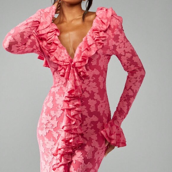 Pink Party Women's Long Sleeve Ruffle Floral Lace Maxi Dress with Empire Waist - Picture 4 of 5